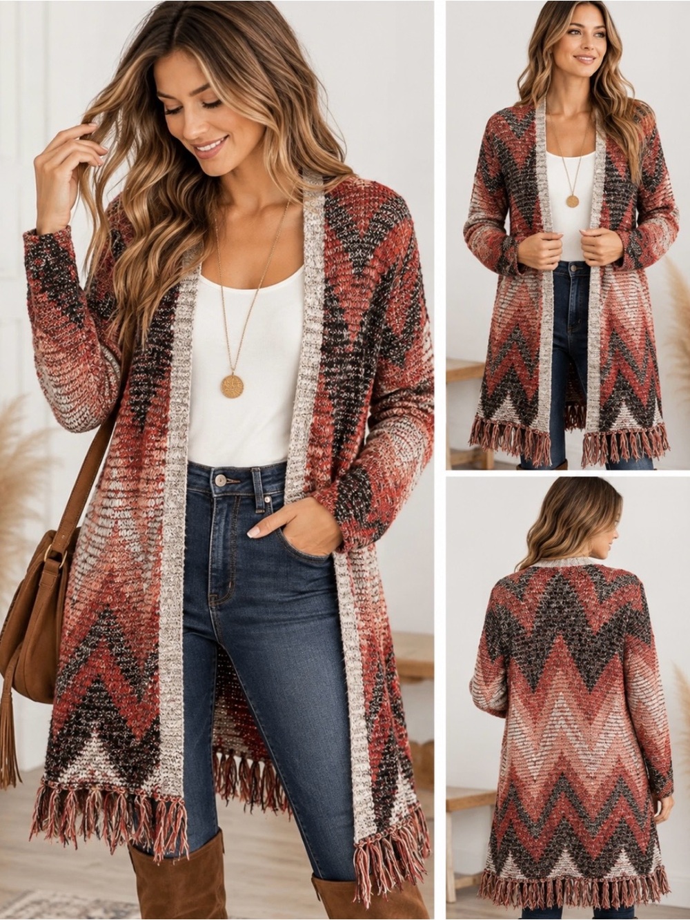 Lucky Brand Women’s S Open Front Long Cardigan Sweater Fringe Boho Southwestern